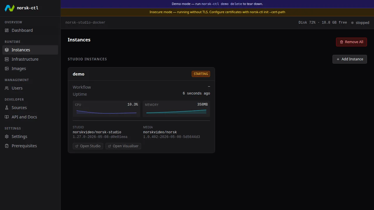 The Instances page with the demo instance