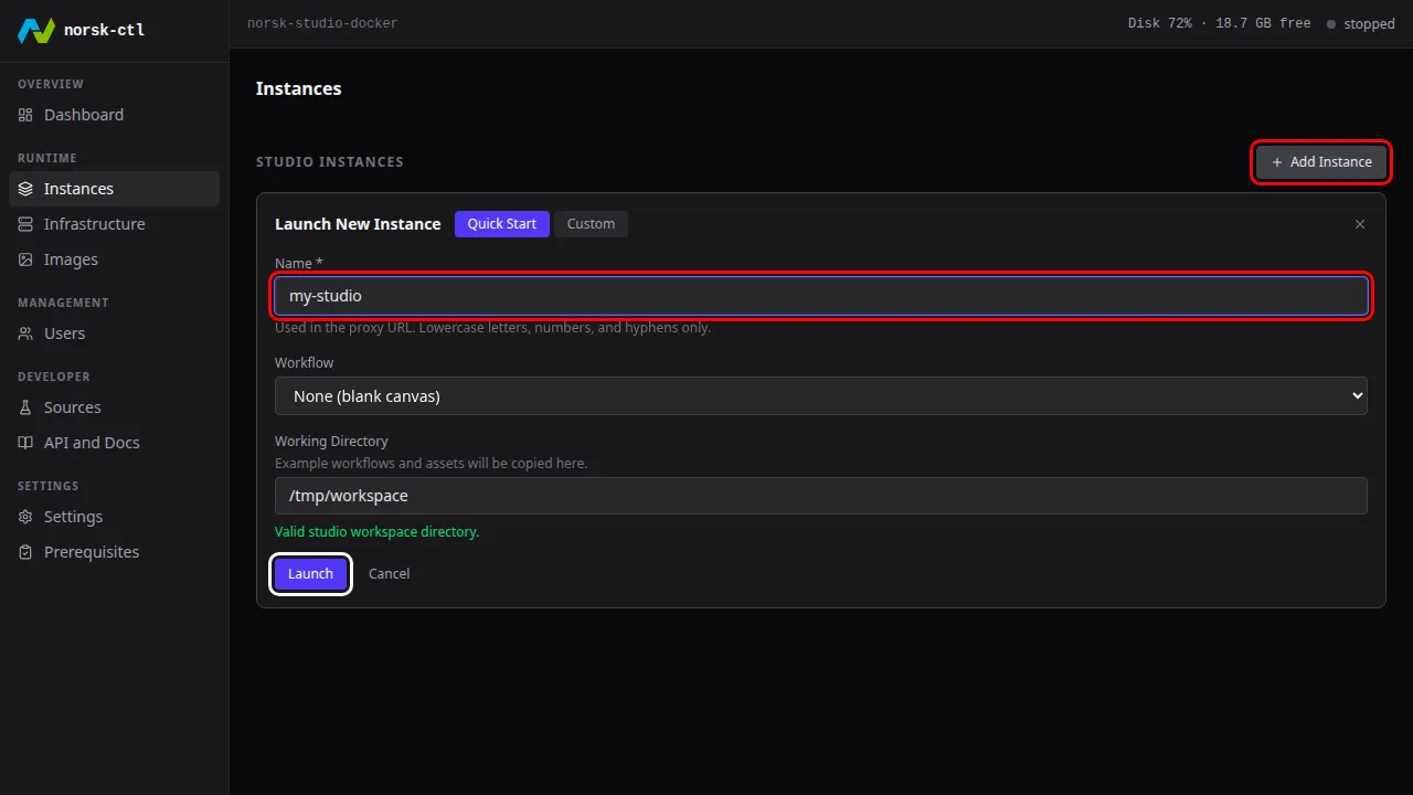 Quick Start: name the instance and launch