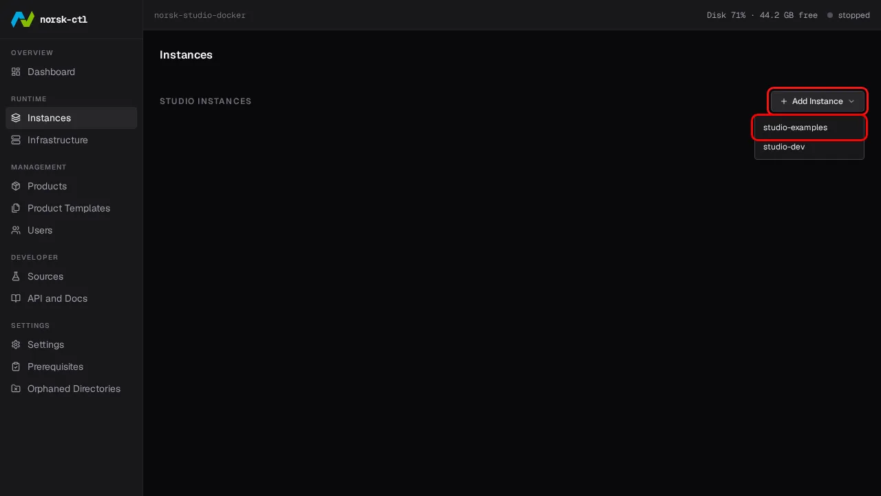 Choose the studio-examples template from the Add Instance menu