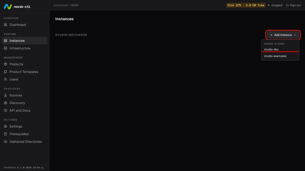Choose the studio-examples template from the Add Instance menu