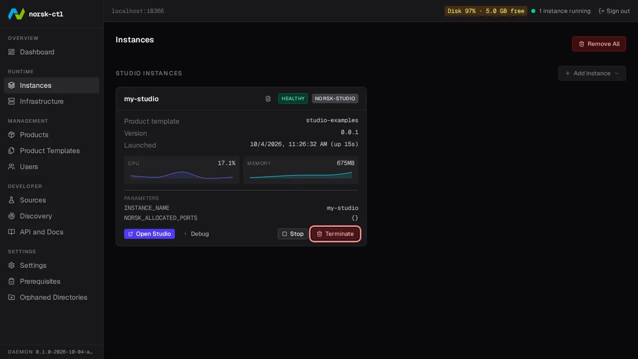 Click Terminate to remove the instance