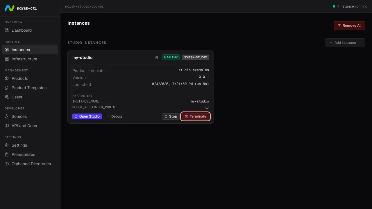 Click Terminate to remove the instance