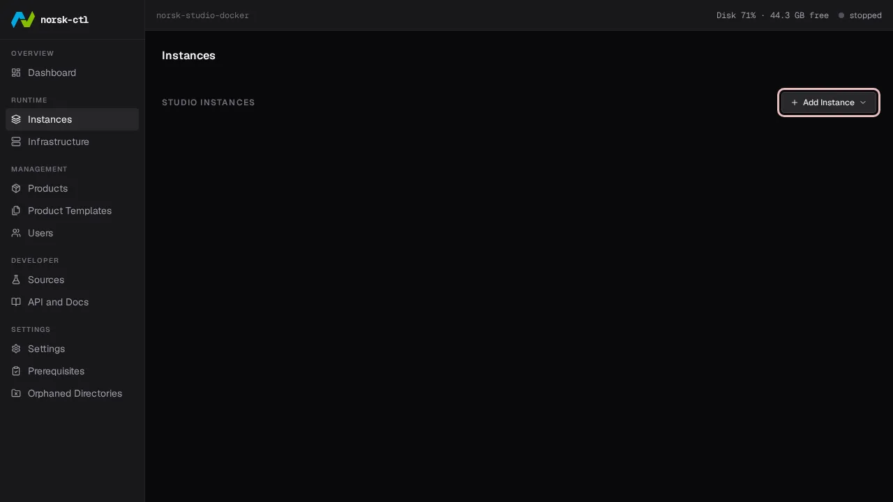The empty Instances page