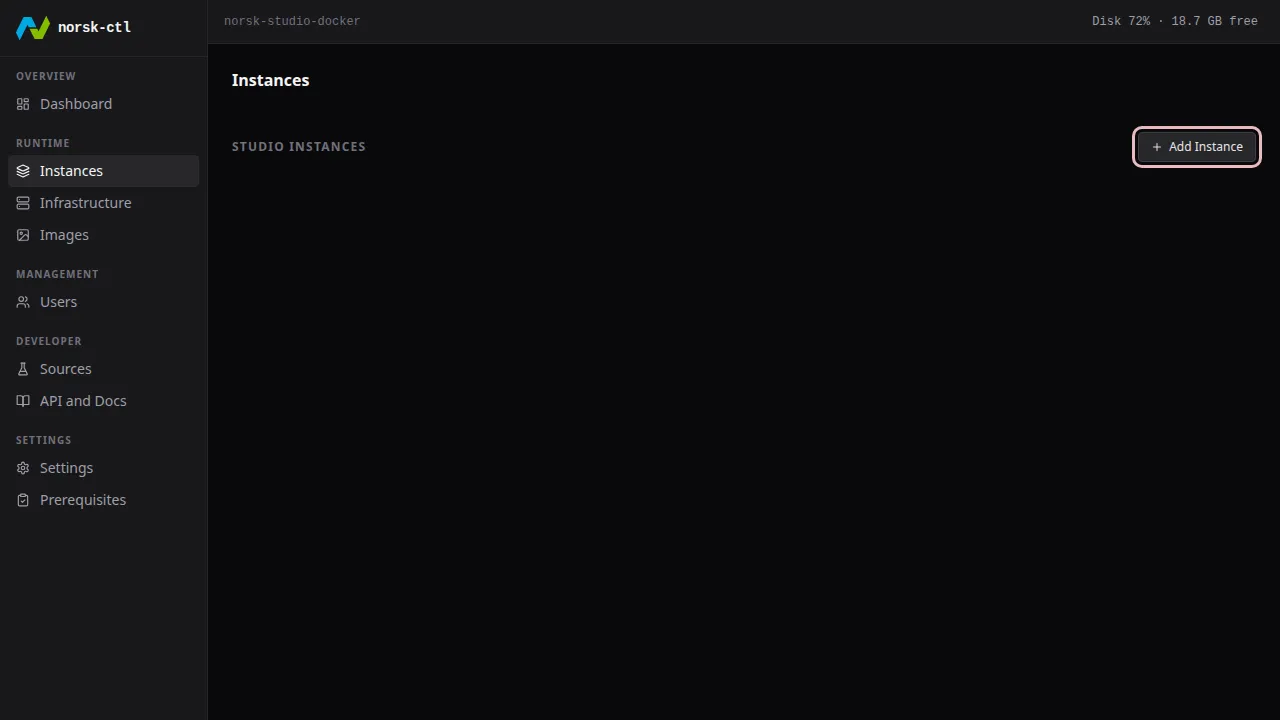 The empty Instances page