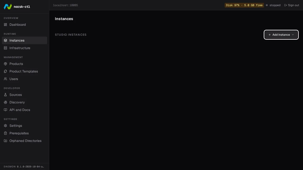 The empty Instances page