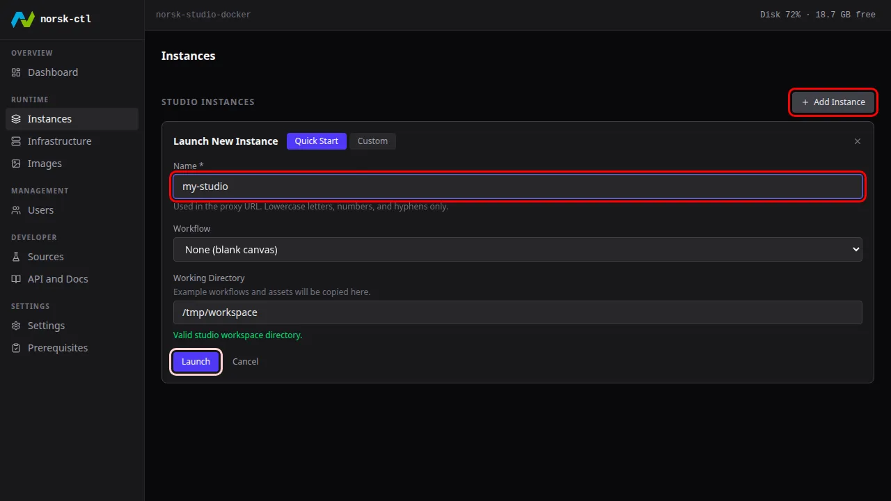 Quick Start: name the instance and launch