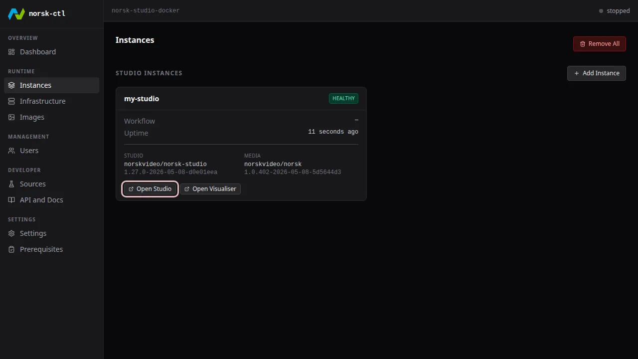 Click Open Studio to view the instance