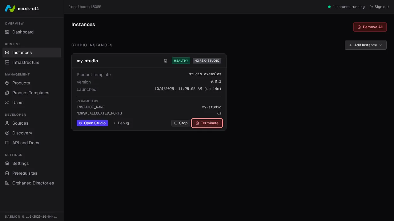 Click Terminate to remove the instance