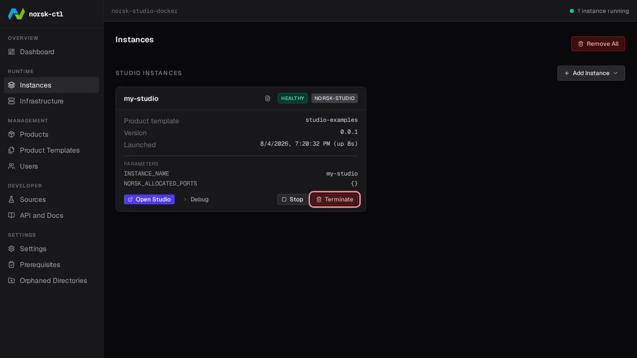 Click Terminate to remove the instance
