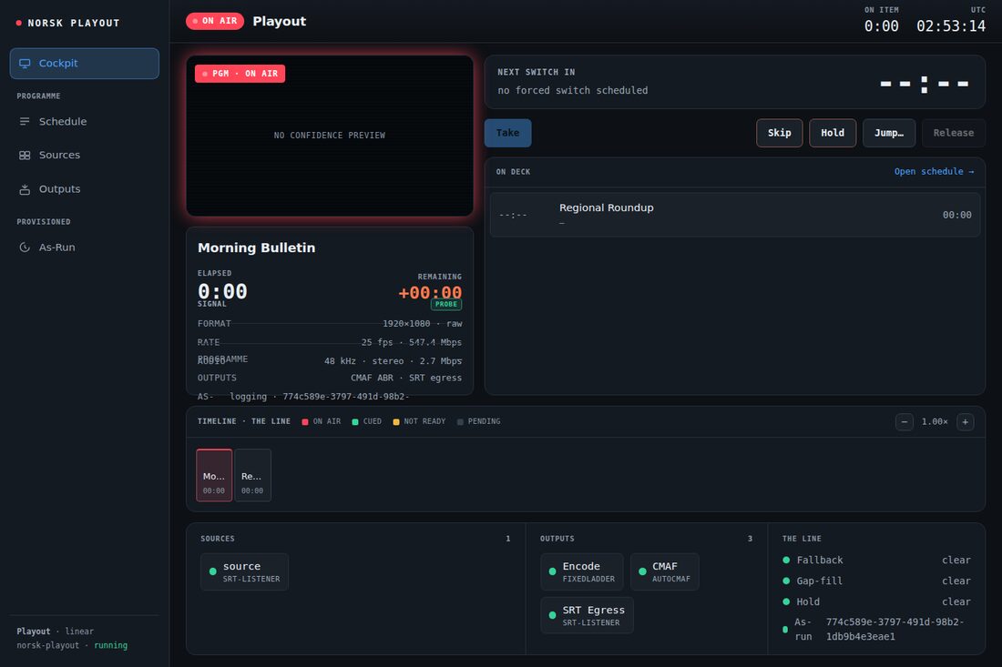the operator console on a running channel, on air